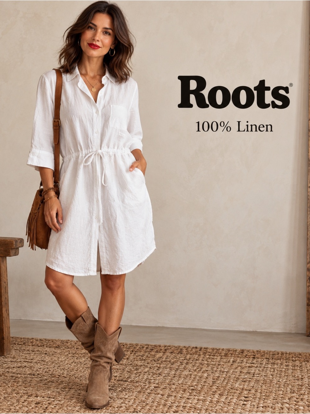 🌸Roots Canada White Linen Button-Front Shirt Dress size M Coastal Quiet Luxury
